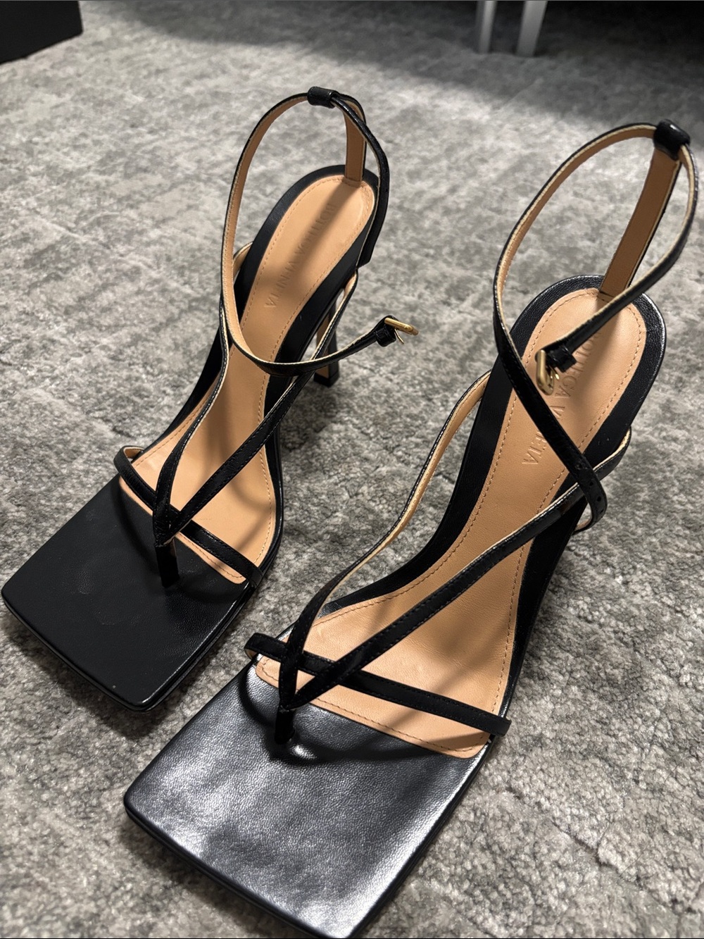 Bottega Veneta Black Strappy Square-Toe Heels with Tan Insole